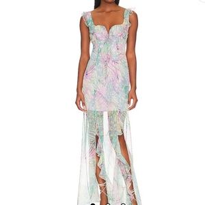 Daniella Flutter Maxi Dress in Pink & Teal Abstract